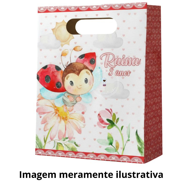 Sacola Personalizada Boca de Palhaço M JOANINHA AQUARELA Lembrancinha para festa Infantil DESMONTADA