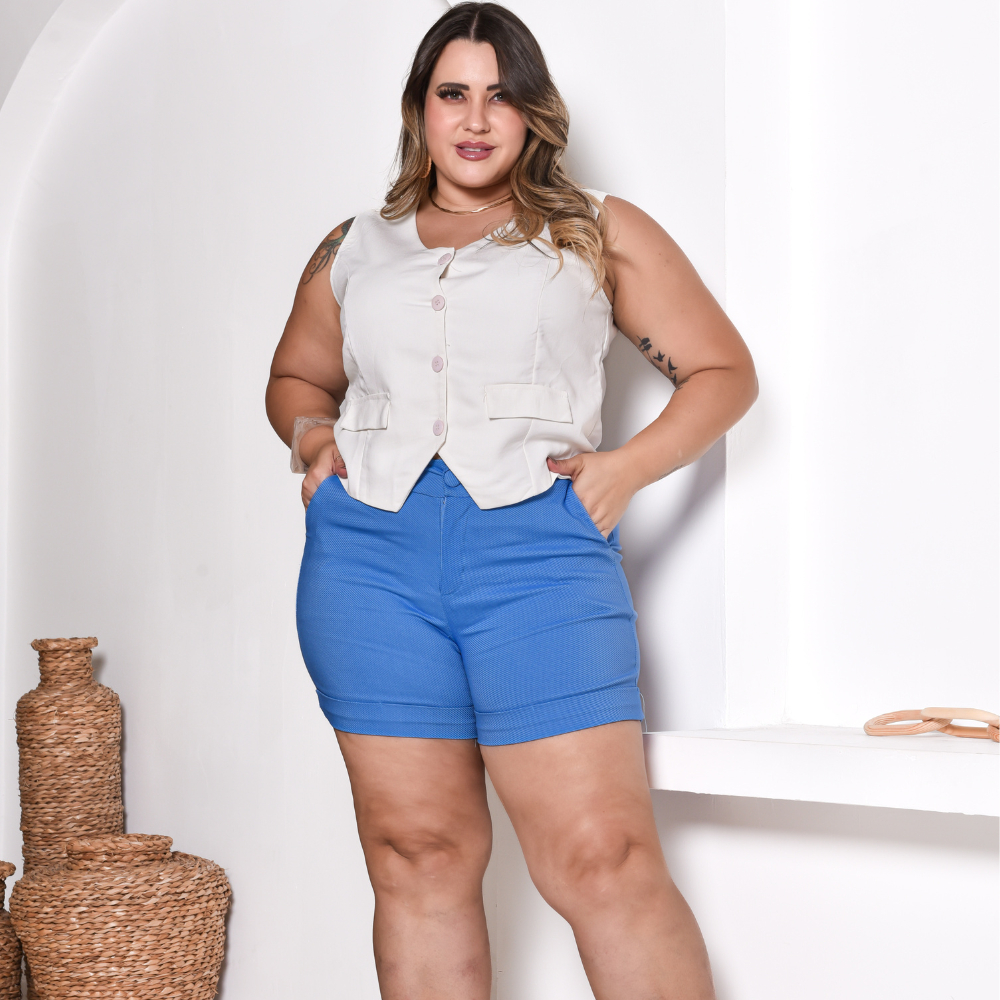 Short Plus Size Feminino Social Barra Italiana Meia Coxa Bermuda Bengaline Twill Com Bolso Shorts Roupas Feminina