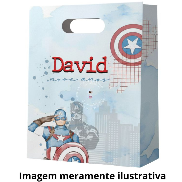 Sacolinha Surpresa Personalizada M - CAPITÃO AMÉRICA AQUARELA Lembrancinha de festa infantil PEGUE E MONTE