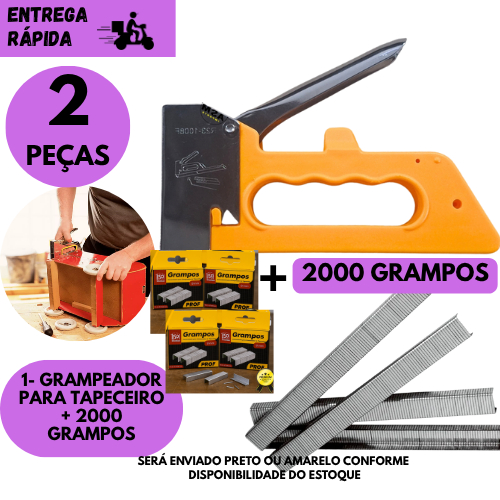Kit Grampeador Profissional Tapeceiro + 2000 Grampos Estofado Madeira Couro Tecido ou Sem Grampo em Oferta na Shopee