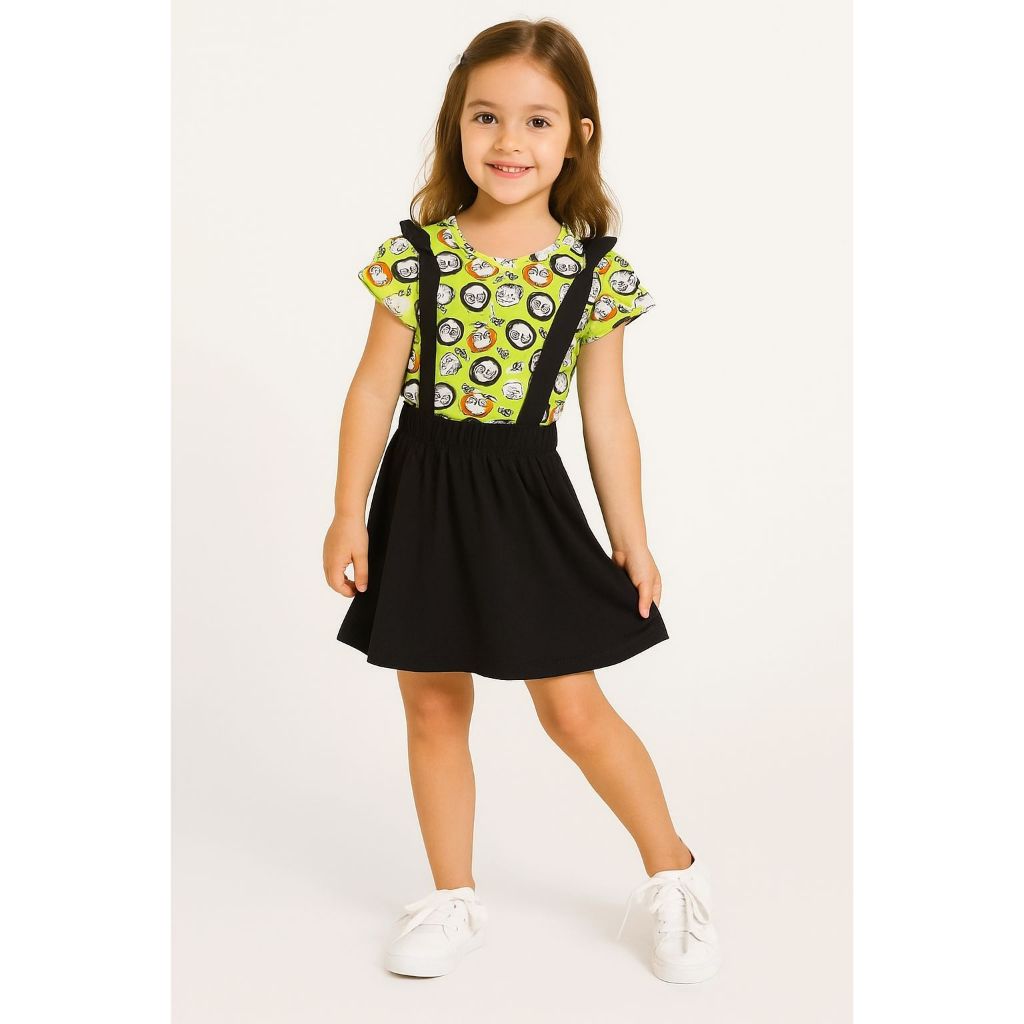 Conjunto Infantil Menina Salopete Panda Girls – Saia Estampada 100% Algodão | Look Verão 1 a 14 Anos