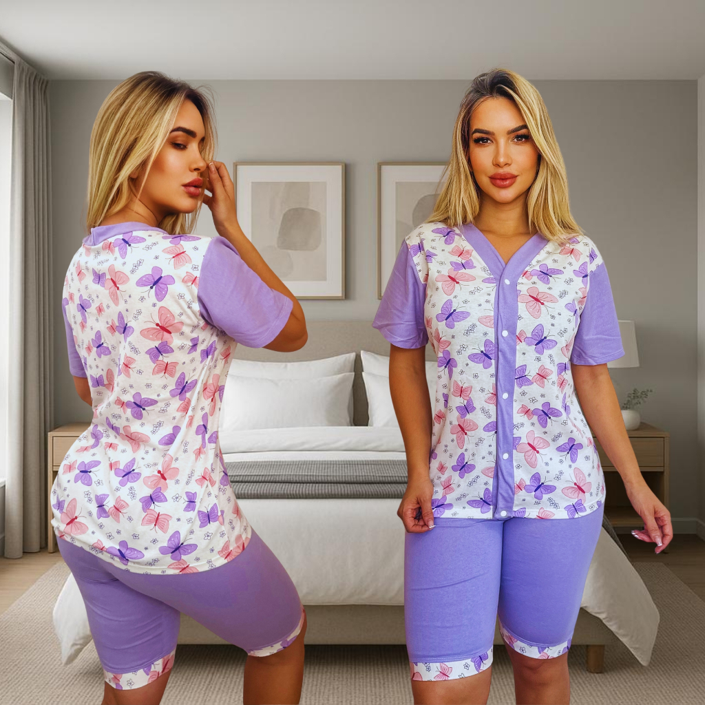 Conjunto De Pijama Com Botao Pescador} 100% Algodão Babydool Feminino Dormir Confortável Capri Malha em Oferta na Shopee