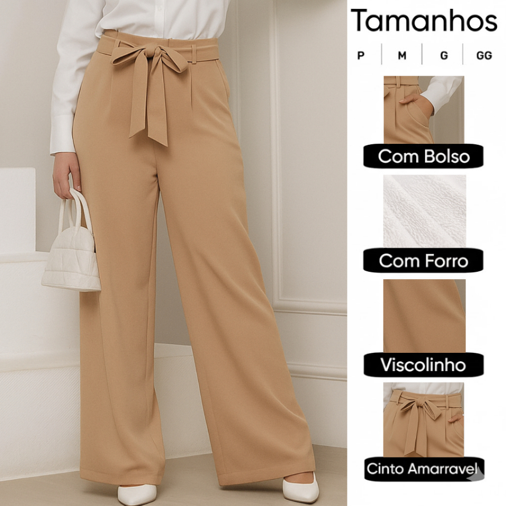 Calça Pantalona Feminina Viscolinho Liso Forrada – Cintura Alta, Confortável e com Bolsos