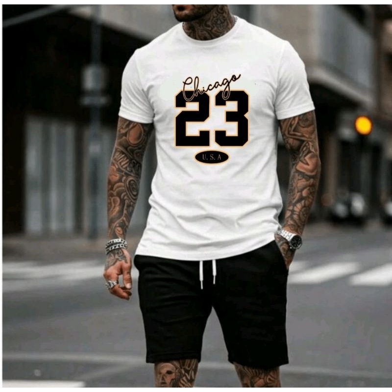 conjunto camiseta +bermuda moletom estampado masculino stretwear hip hop Chicago u.s.a 23 City  novidade   Premium