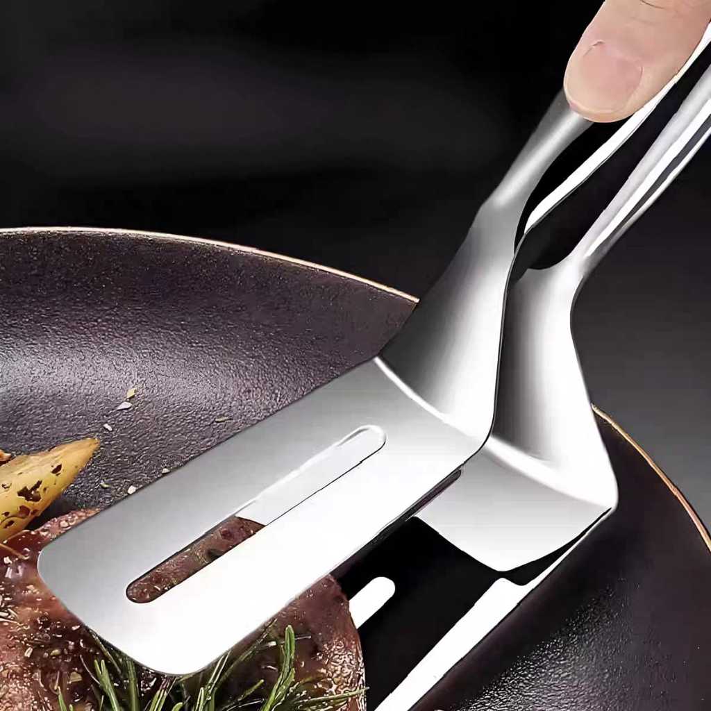Pinça Pegador Espátula Pegadora Dupla para Alimentos em Inox Para arne Hambúrger Peixe Churrasco