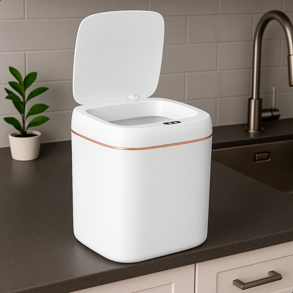 Lixeira Automática Sensor Inteligente Bateria Usb Recarregável Banheiro Cozinha 11 Litros Branco Dourado