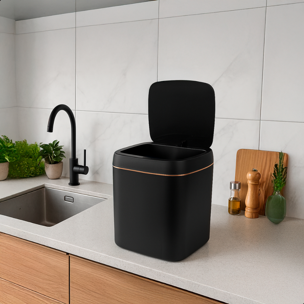 Lixeira Automática Sensor Inteligente Bateria Usb Recarregável Banheiro Cozinha 11 Litros Preto Dourado