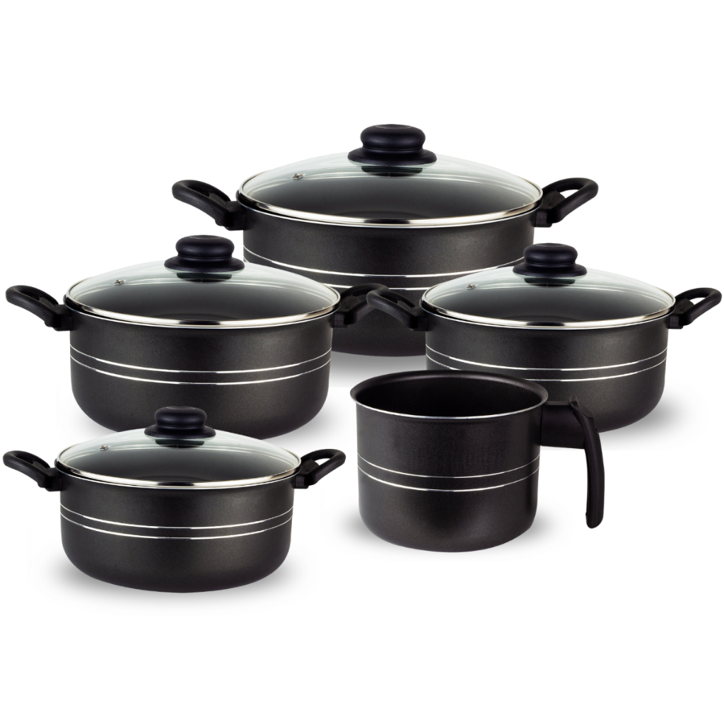 Kit Jogo Conjunto 5 Peças Antiaderente – 4 Caçarolas com Tampa de Vidro + Canecão Médio Nº14