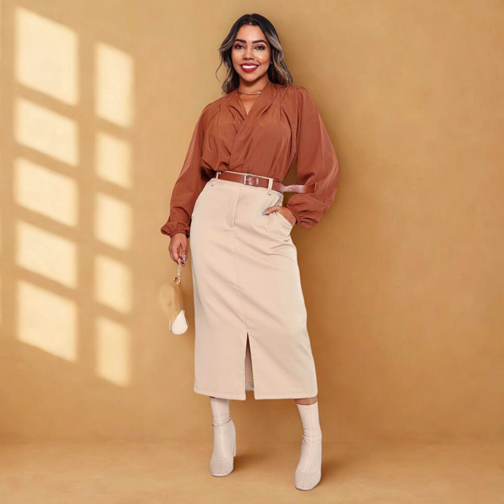 Saia Midi Feminina de Alfaiataria com Cinto e Abertura Frontal – Elegante, Versátil e Confortável