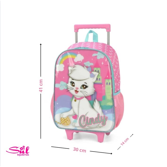 Mochila de Carrinho Gata Cindy Rosa Infantil Escolar com Rodinhas e Alça Retrátil – Perfeita para Volta às Aulas