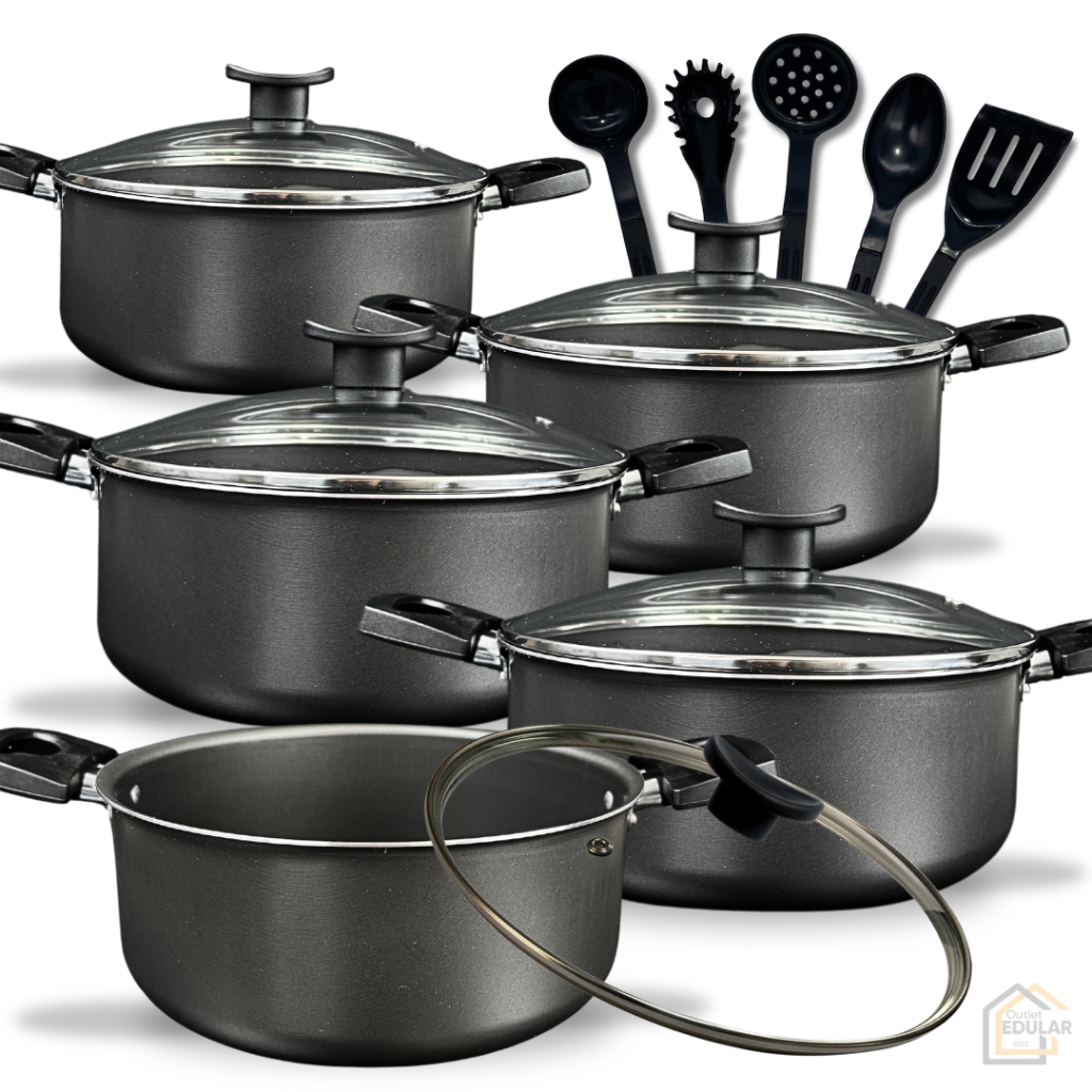 Kit Jogo de Panelas 10 Peças Caçarolas Antiaderente Teflon e Tampa de Vidro e Utensílios Cor Grafite