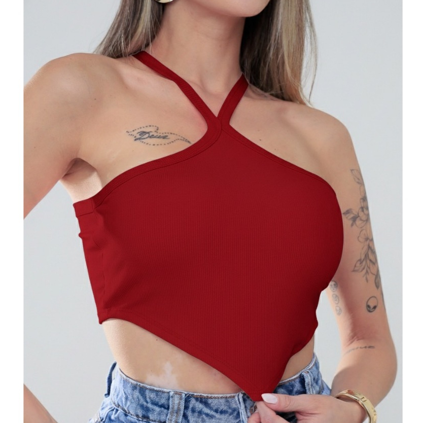 Cropped Top Alça Cruzada Com Bojo Tecido Ribana