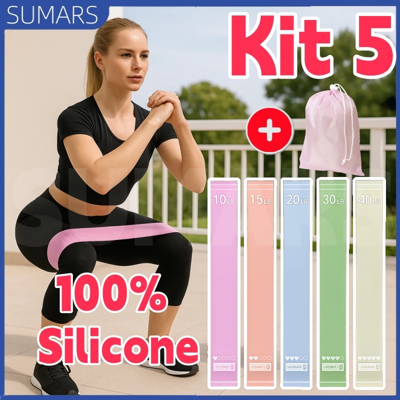 Kit 5/6/10 Faixas Elástica de Resistência Silicone para Yoga Pilates Fisioterapia Treino Academia