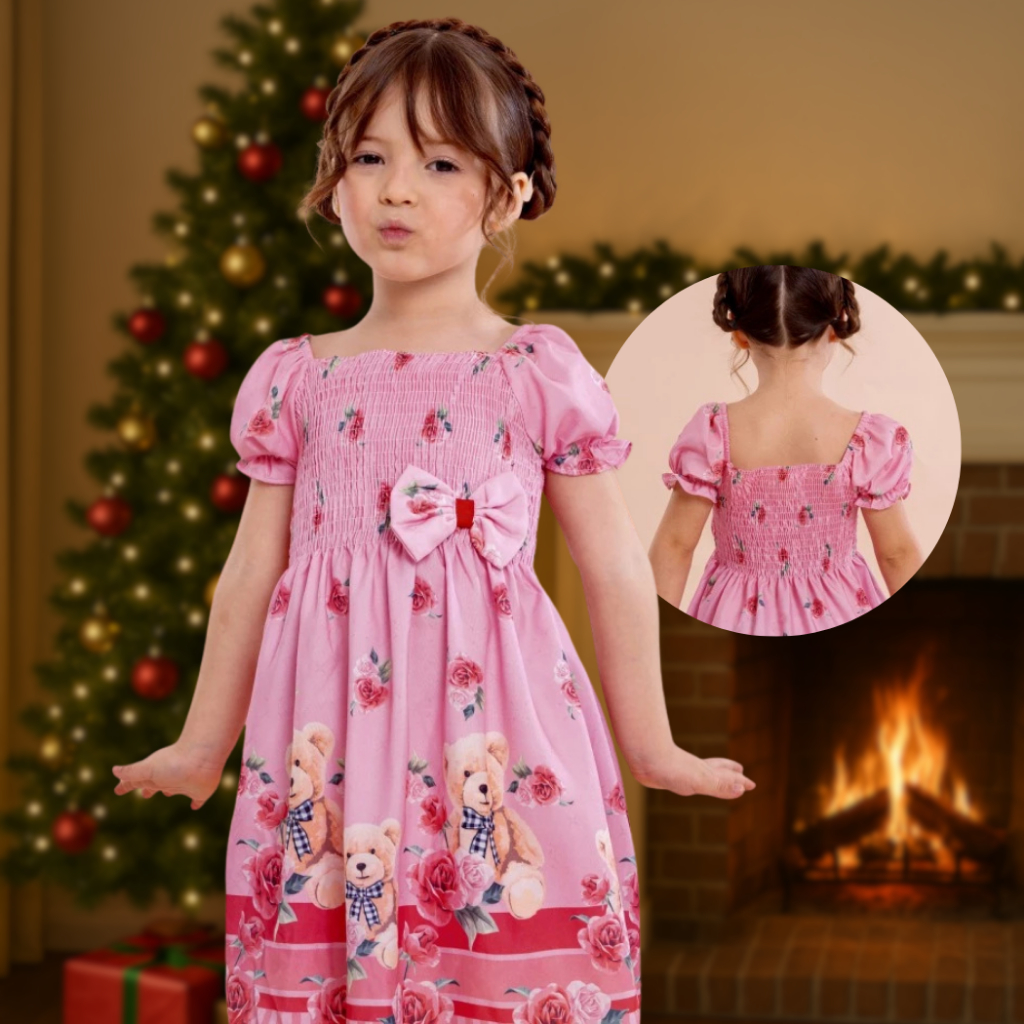 Vestido Infantil Menina para festa de Natal fim de ano na cor rosa com estampa de urso