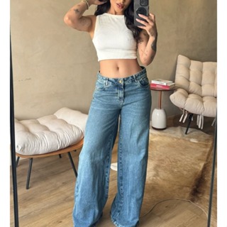 Calça Jeans Wide Leg Feminina Tendência do Momento com Caimento Perfeito em Oferta na Shopee