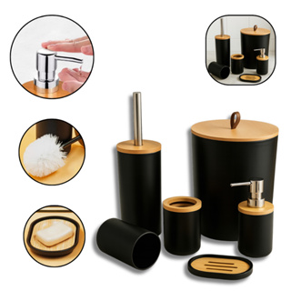 Kit Banheiro com Tampa de Bambu – Lixeira, Dispenser, Escova e Porta Escova Premium em Oferta na Shopee