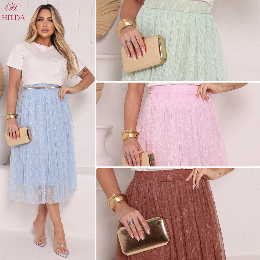 Saia Tule Midi Elegante Forrada Moda evangélica Fardamento Festividade Congresso em Oferta na Shopee