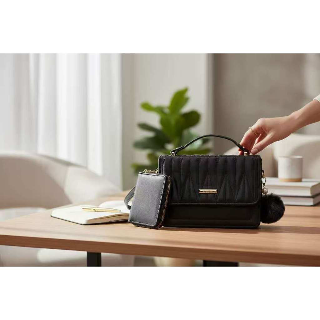 Xaviera Bolsa Transversal Feminina casual com Alça de mão transversal e acessória Carteira e pompom em Oferta na Shopee