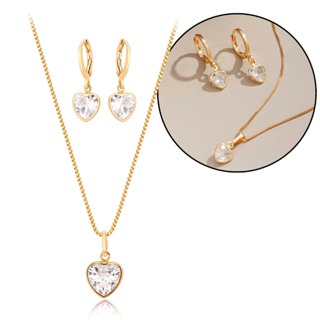 Conjunto Brinco e Colar Coração Cristal Banhado Ouro 18 Delicado em Oferta na Shopee