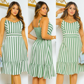 Vestido Curto Feminino com Alça Regulável Listra Verde Escuro Estampa Floral Liso Moda Verão em Oferta na Shopee