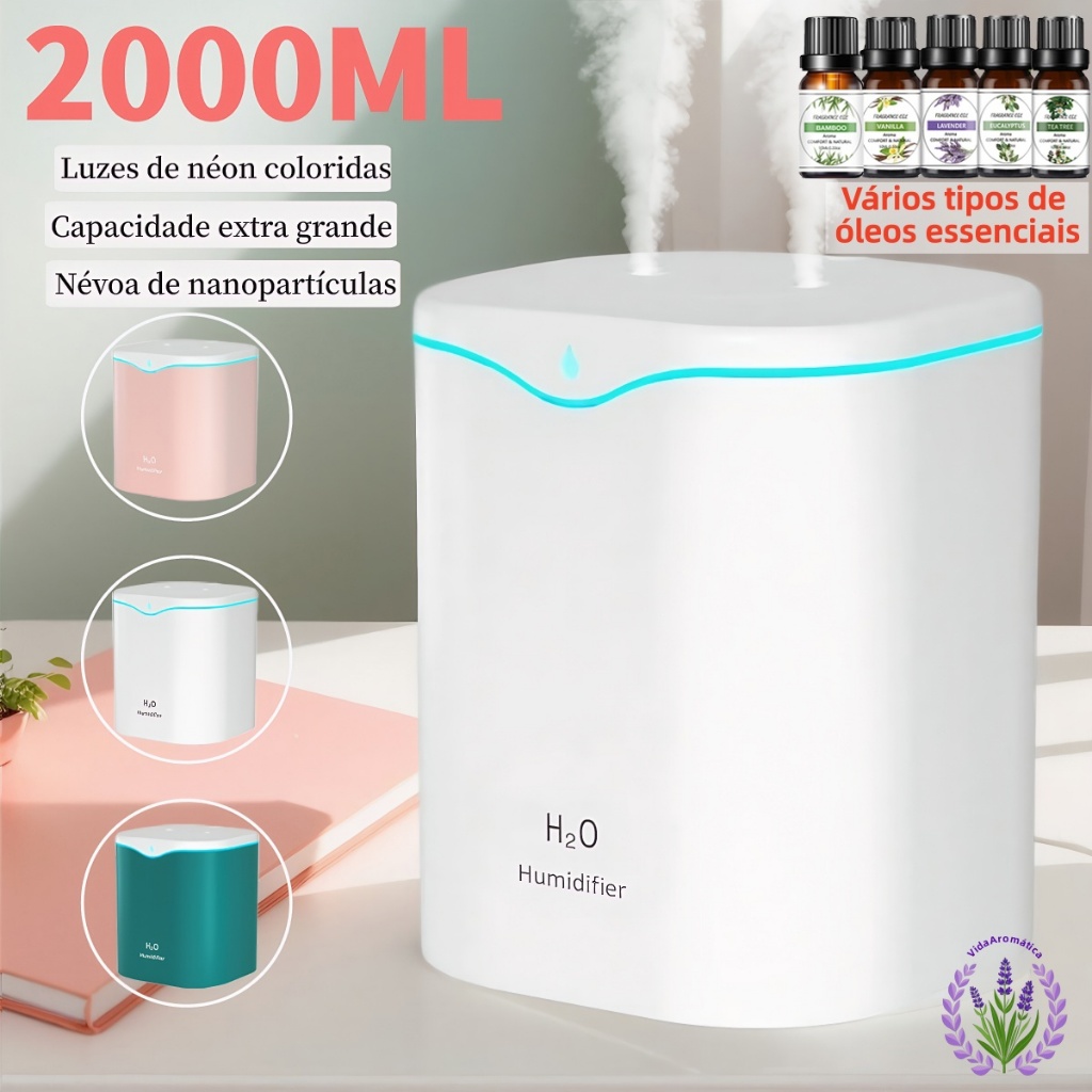 Umidificador Grande De Ar 2 Litros Para Quarto Silencioso e Aromatizador Saída Dupla Luzes Coloridas