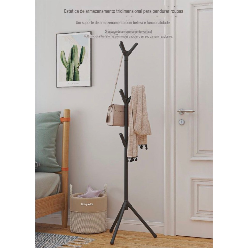 Cabideiro de Chão Mancebo com 9 Ganchos Ideal p/ Roupas, Chapéus, Casacos e Organização do Quarto em Oferta na Shopee