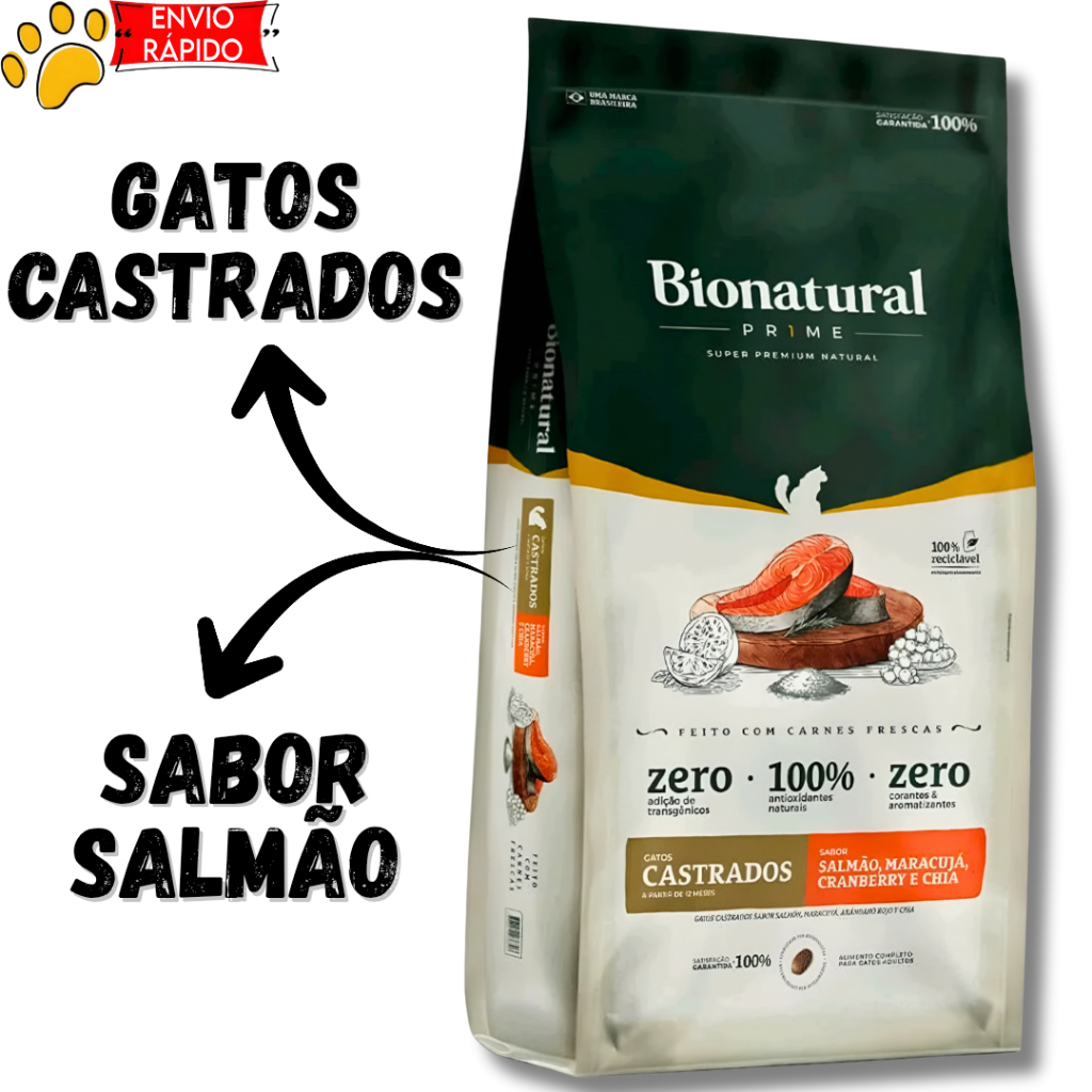 Ração Bionatural Gatos Castrados Salmão Ração Super Premium 7,5kg
