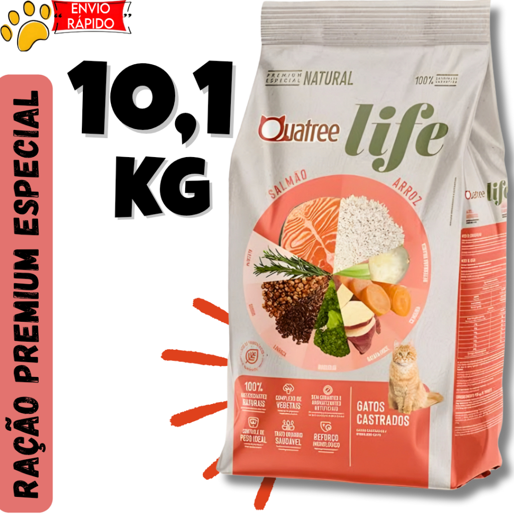 Ração Quatree Life Gatos Castrados Sabor Salmão 10,1kg em Oferta na Shopee