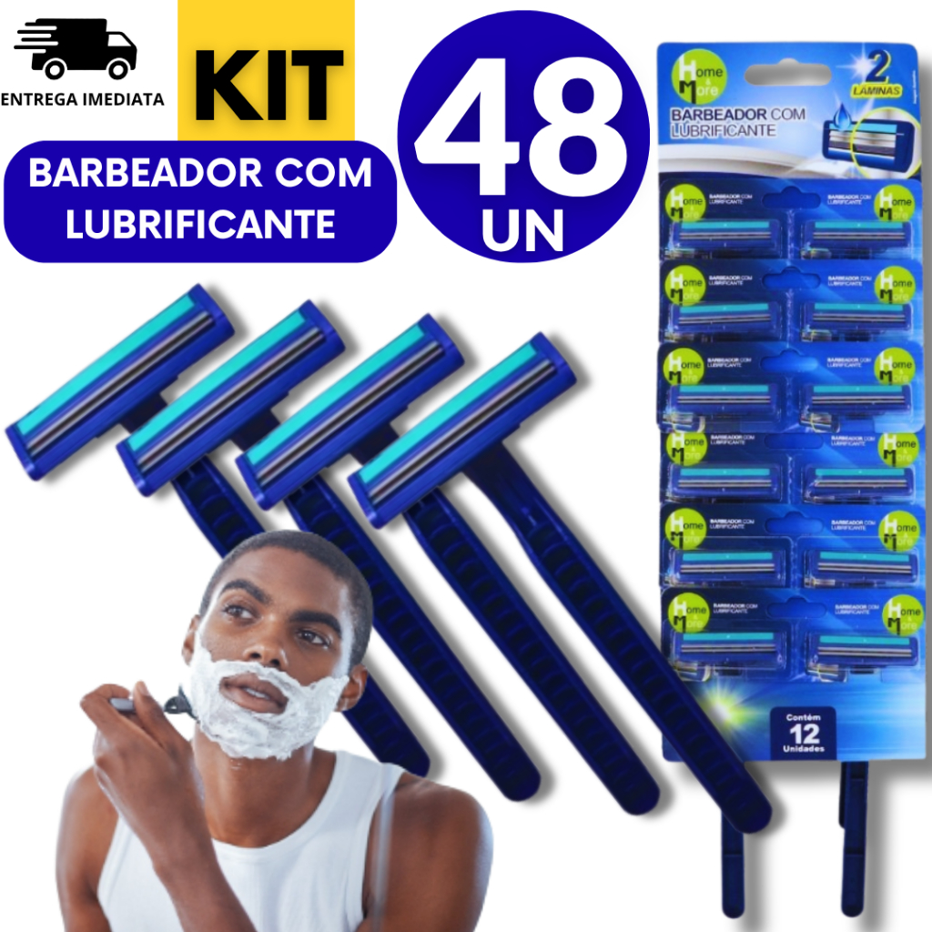 Conjunto 48 Barbeador Aparelho de Barbear Descartável com 2 Lâminas e Fita Lubrificante Navalha Azul Multiuso