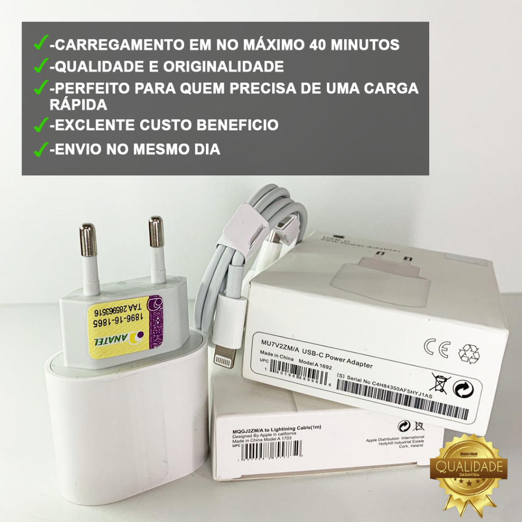 Carregador de iPhone Completo Turbo 20w Fonte USB C e Cabo Lightning