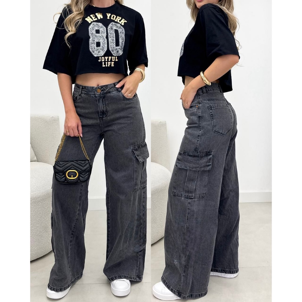 Calça Jeans Feminina Wide Leg Cargo Corte Moderno 100% Jeans Cintura Alta Conforto e Sofisticação em Oferta na Shopee