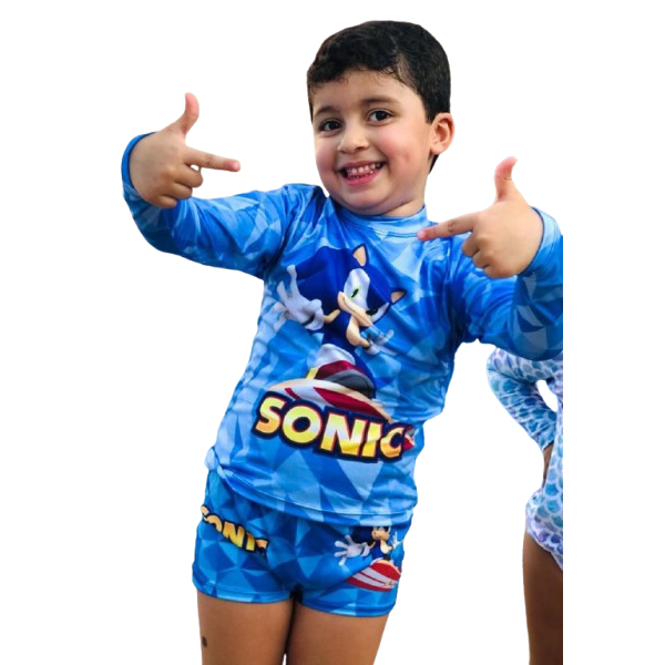 Conjuto de Banho do sonic Infantil verão Material UV Kit Camisa Longa e Cueca Temática para piscinas e roupa de Praia