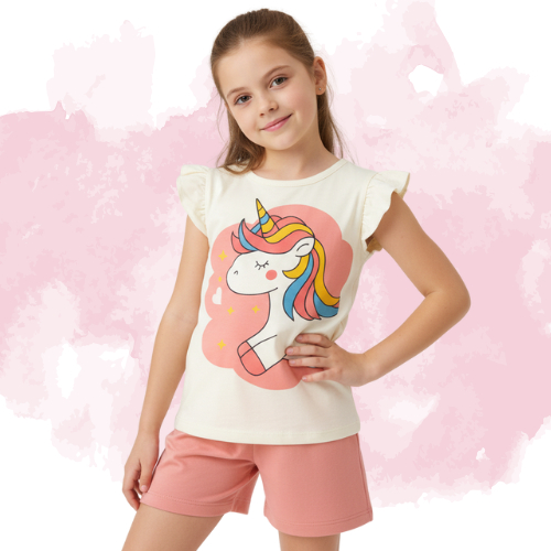 Conjunto Meninas Infantil Feminino Camiseta Unicórnio Shorts Rosa Menina 2 a 12 Anos