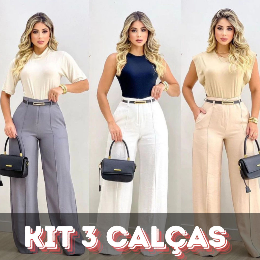 KIT 3 Calças Pantalona Alfaiataria Premium moda Cintura Alta Com Bolso Com Cinto PROMOÇÃO