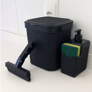 Conjunto peças para Cozinha Lixeira + Rodo + Porta Detergente com Base Esponja Rattan 5L preto em Oferta na Shopee