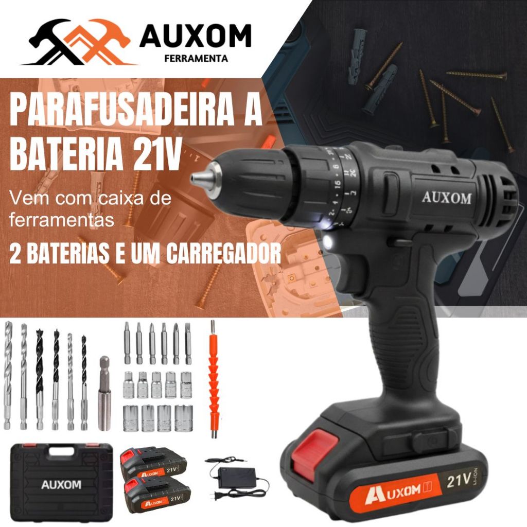 Auxom Parafusadeira a Bateria 21v 2 Baterias Maleta e Acessórios Completo Furadeira Parafusadeira Ferramentas Elétri — R$ 99,00 em Shopee