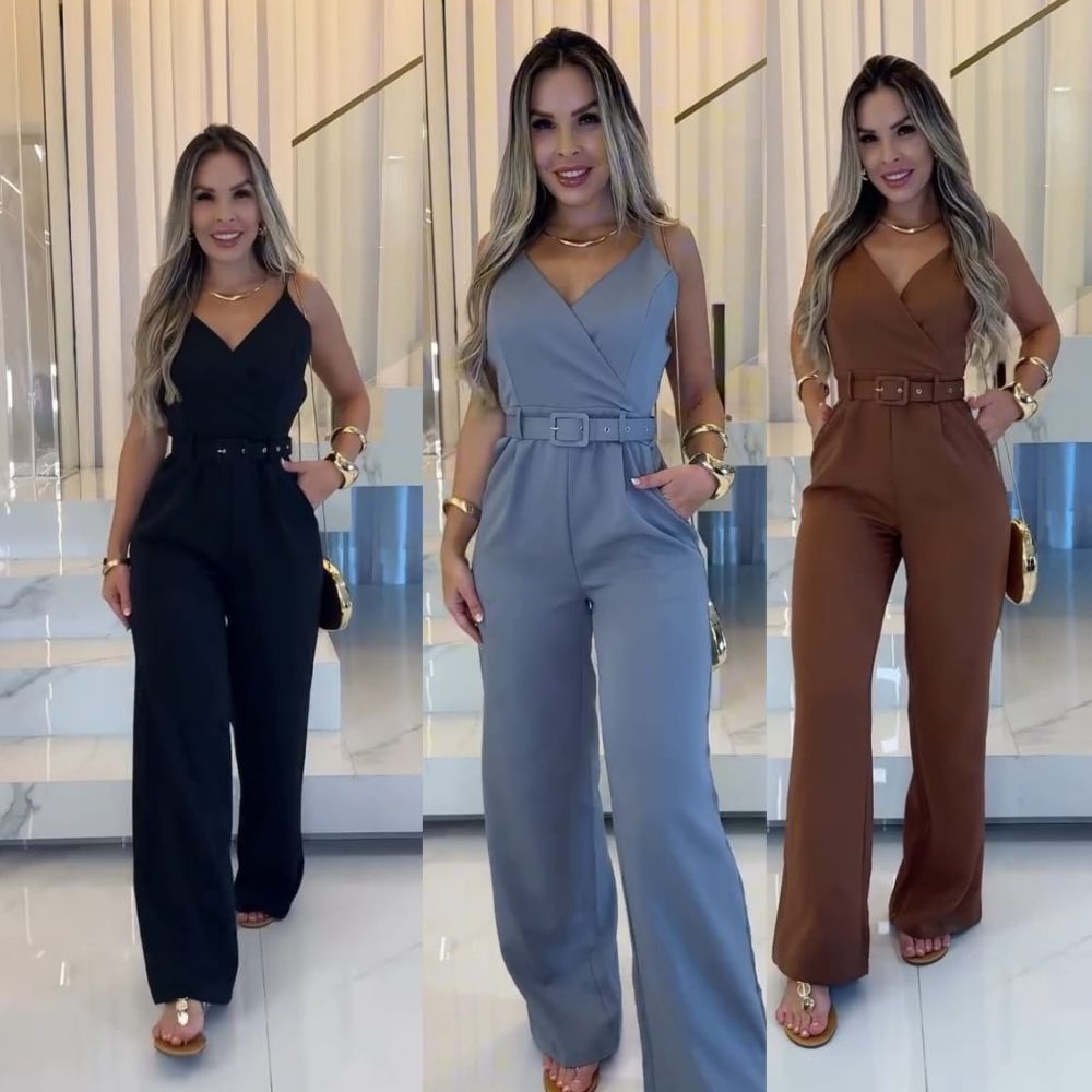 Macacão Feminina Alfaiateria Elegante com Cinto Premium Bolso e Cinto em Oferta na Shopee