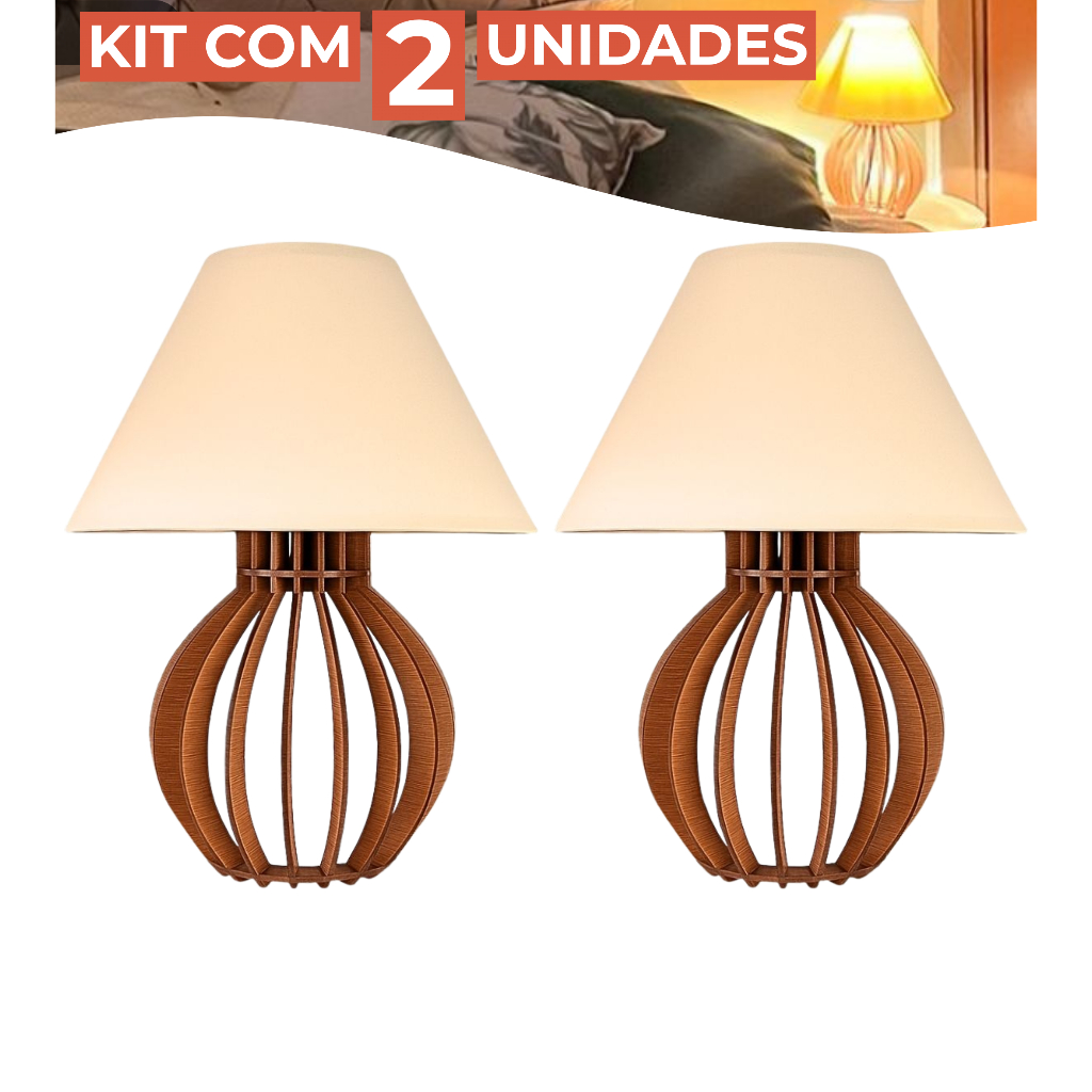 Kit 2 Abajur Clássico Cabeceira Criado Mudo Quarto Madeira Marrom