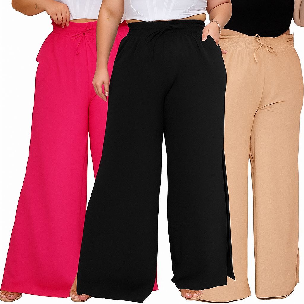 Calça Pantalona Plus Size Feminina Elástico Na Cintura Com Bolso Cintura Alta Tecido Duna G ao G2 Grande Plus Size
