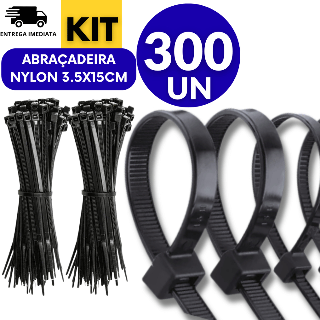 Conjunto Jogo 300 Peças - Enforca Gato 3.6x15CM Cinta Plástica Nylon Abraçadeira Preto Multifuncional Premium Utilidades