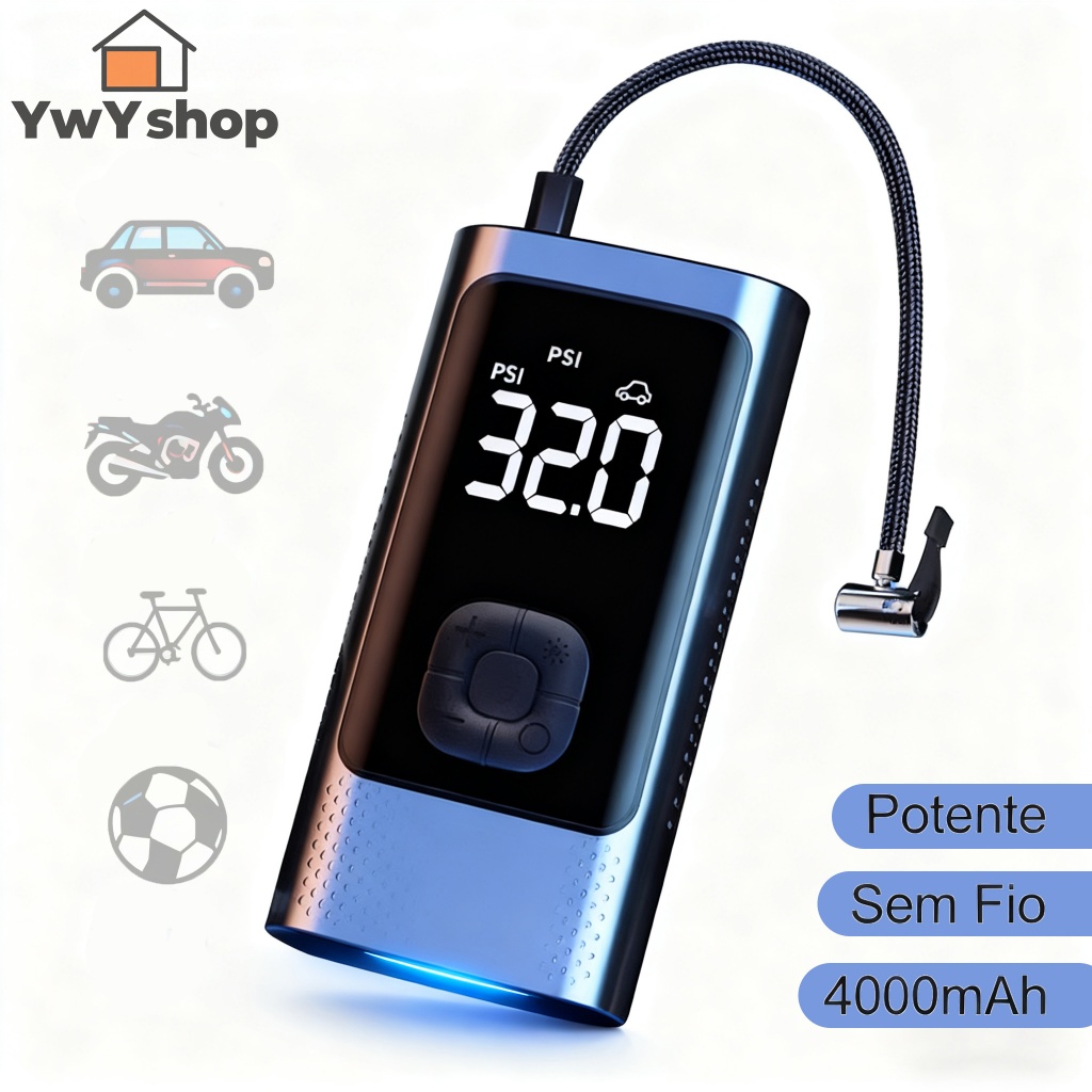 Inflador de Pneus Portátil Inteligente Sem Fio – Auto Stop, Bateria 4000mAh, USB-C M6