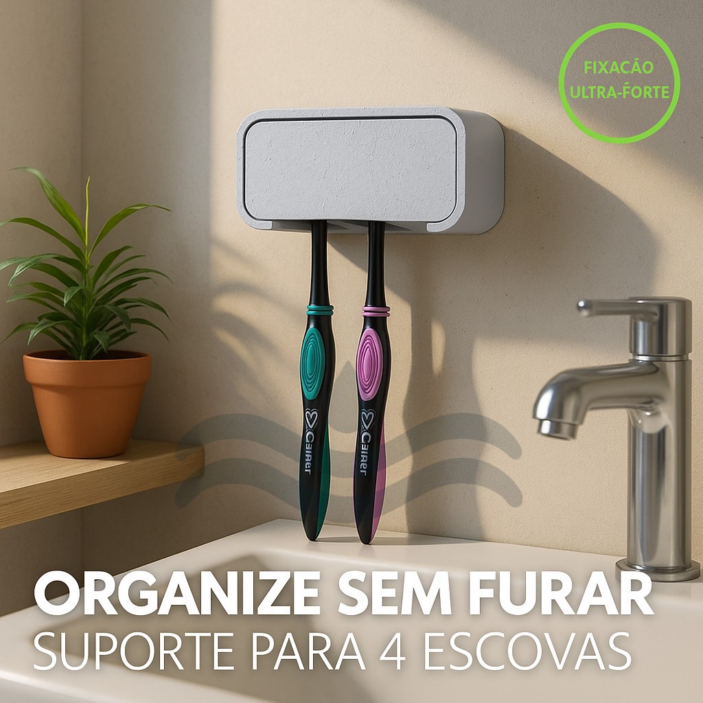 Porta Escovas de Dente Parede – Fixação Sem Furo – Suporte Para 4 Escovas + Fita Dupla Face Forte em Oferta na Shopee