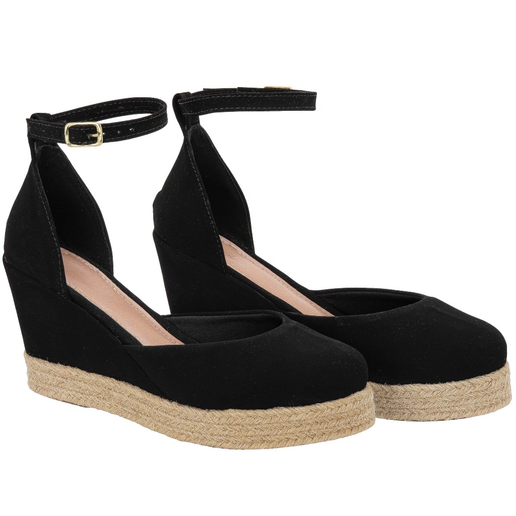 Sandalia Anabela Feminina Espadrille Salto Médio Com Corda Salto Anabela Fechado Cor Preto Nobuck Confortável Macia 6 cm