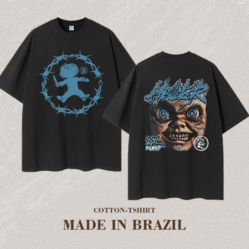 Camiseta 100% Algodão Camiseta Unissex Oversized, Estampa Boneco Assustador “HELLSTAR”, Streetwear Novo Oversized T-shir