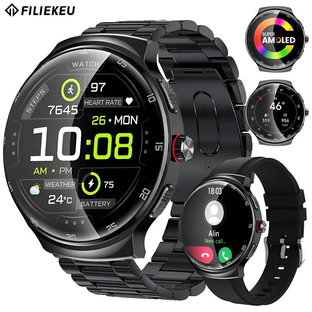 FILIEKEU relógio smartwatch Tela AMOLED Chamadas Bluetooth à prova d'água bússola smartwatch relogio