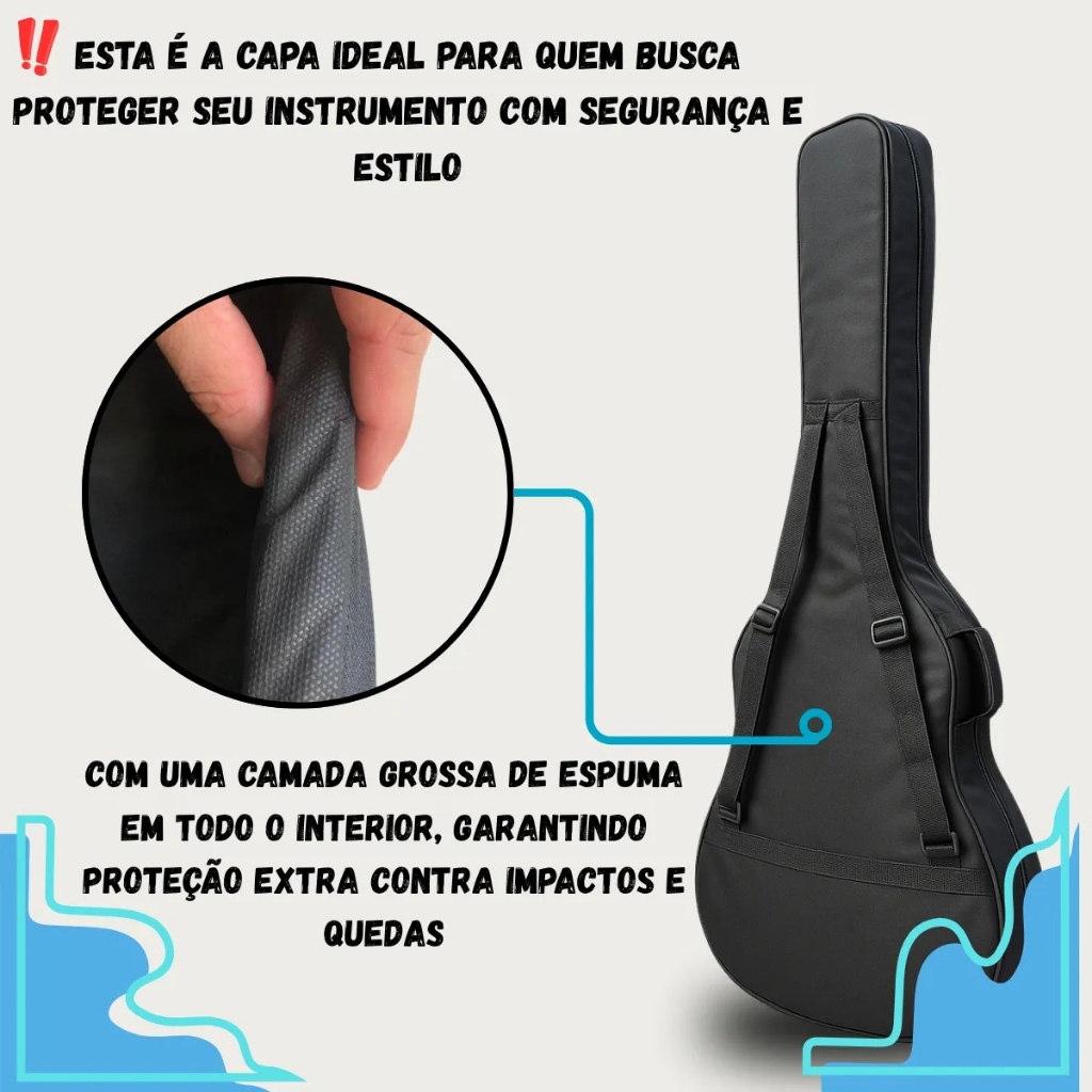 Capa Bag Luxo Acolchoada Espuma Estofada P/ Violão Clássico e Folk - detalhe