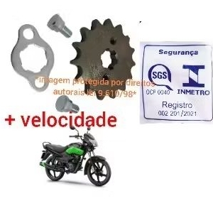 pinhão 15 dentes + trava parafusos mottu sport tvs 110 i mais velocidade final
