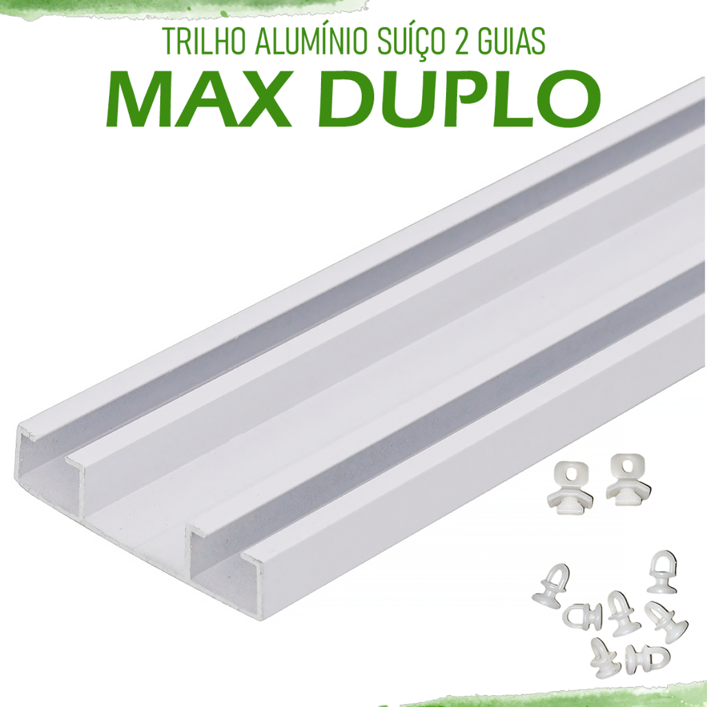 Trilho Suíço Duplo Max Alumínio Branco – Kit com Deslizantes + Terminais Várias Medidas Cortinas Blackout e Tecidos