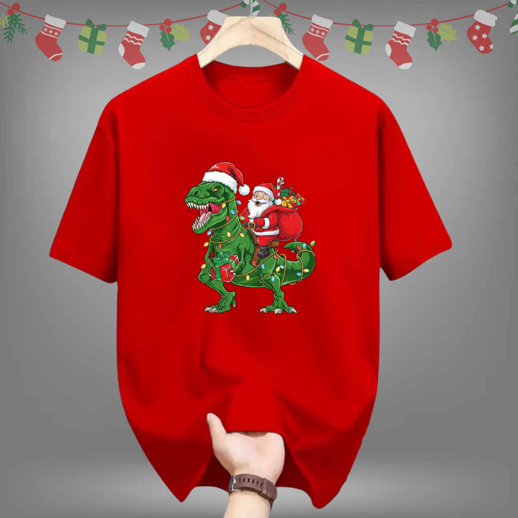 Camiseta T-shirt Unissex Natal 100% Algodão Estampada Papai Noel Dinossauro Rex Blusa Envio Imediato