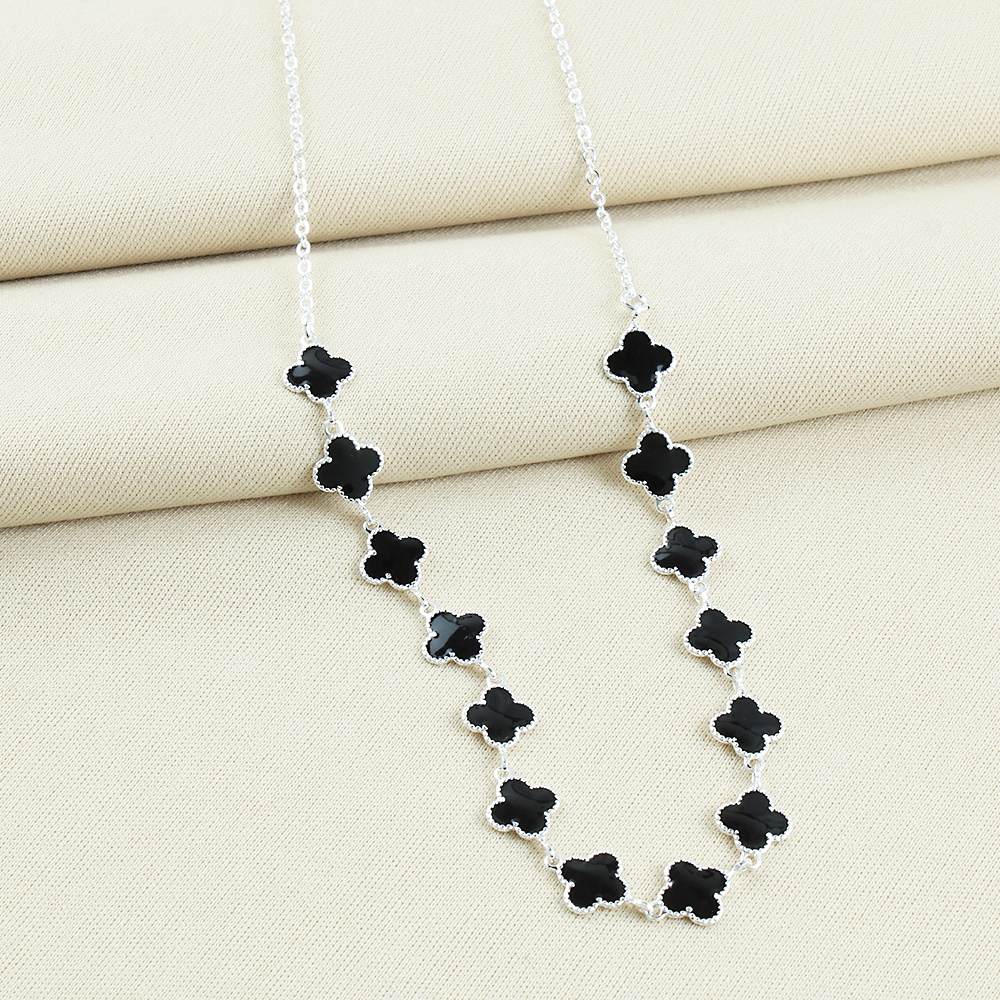 Kit Colar e Pulseira Trevo Resinado Preto Folheado a Prata 925 ou Ouro 18k em Oferta na Shopee